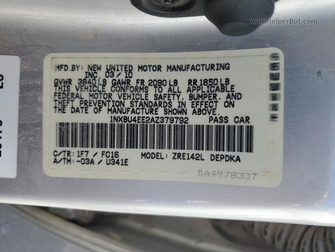 2010 Toyota Corolla Base Silver vin: 1NXBU4EE2AZ379792