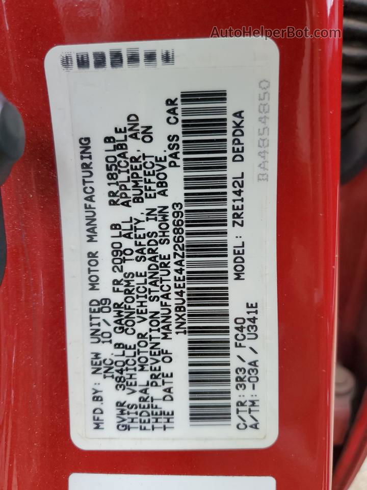 2010 Toyota Corolla Base Red vin: 1NXBU4EE4AZ268693