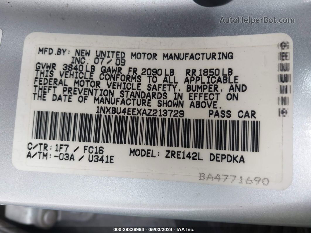 2010 Toyota Corolla Le Silver vin: 1NXBU4EEXAZ213729