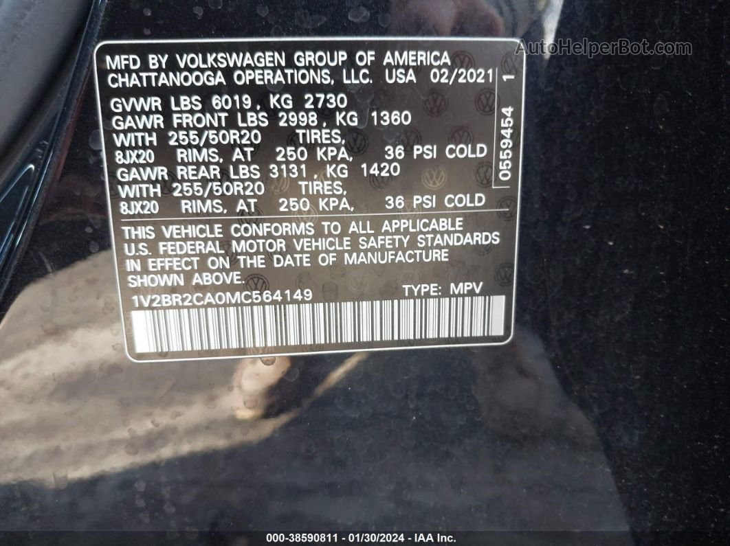 2021 Volkswagen Atlas 3.6l V6 Sel Черный vin: 1V2BR2CA0MC564149