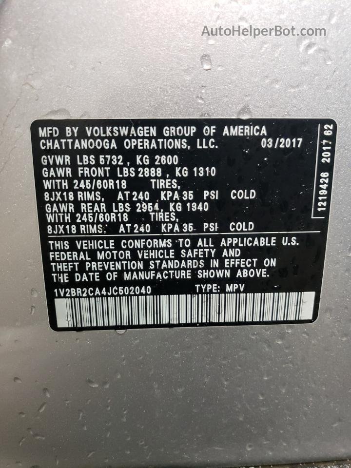 2018 Volkswagen Atlas  Silver vin: 1V2BR2CA4JC502040