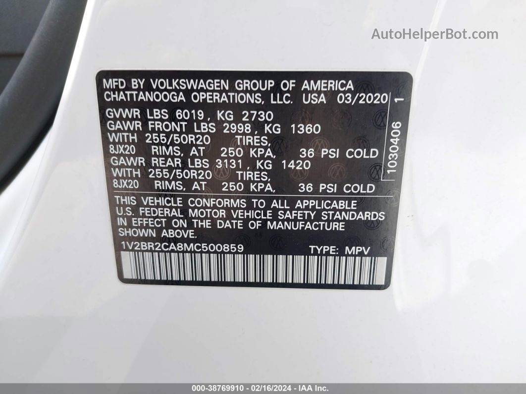 2021 Volkswagen Atlas 3.6l V6 Sel Белый vin: 1V2BR2CA8MC500859