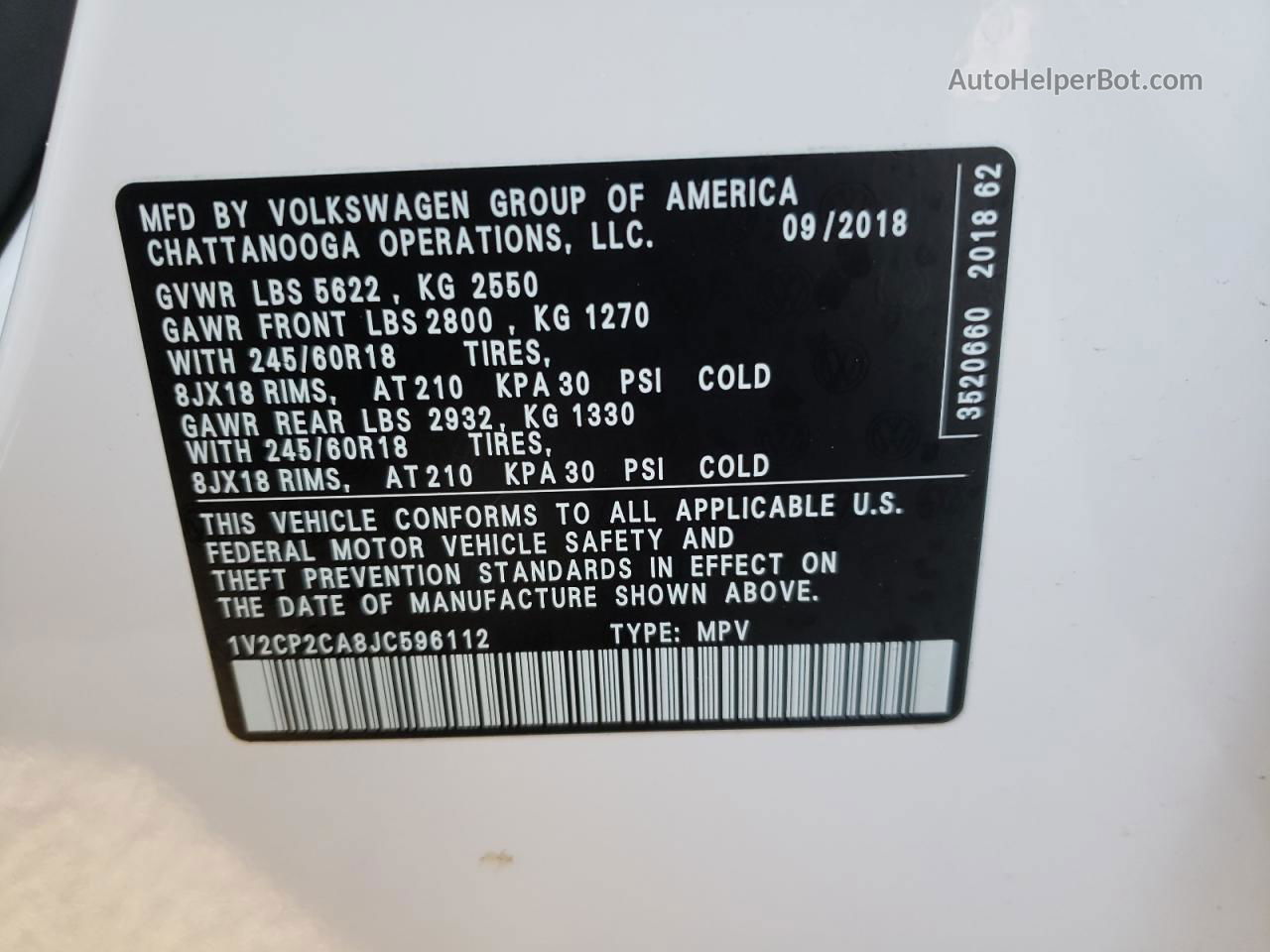2018 Volkswagen Atlas Se White vin: 1V2CP2CA8JC596112