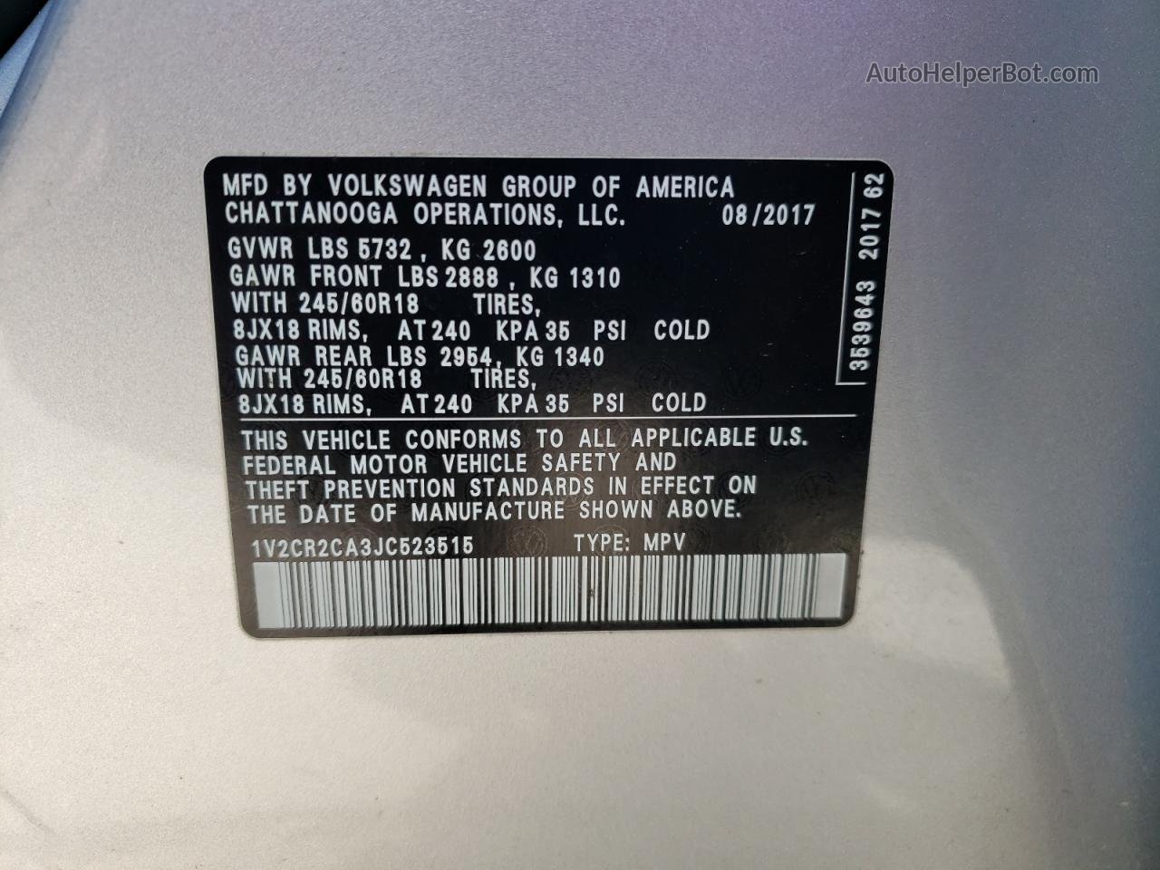 2018 Volkswagen Atlas Se Серебряный vin: 1V2CR2CA3JC523515