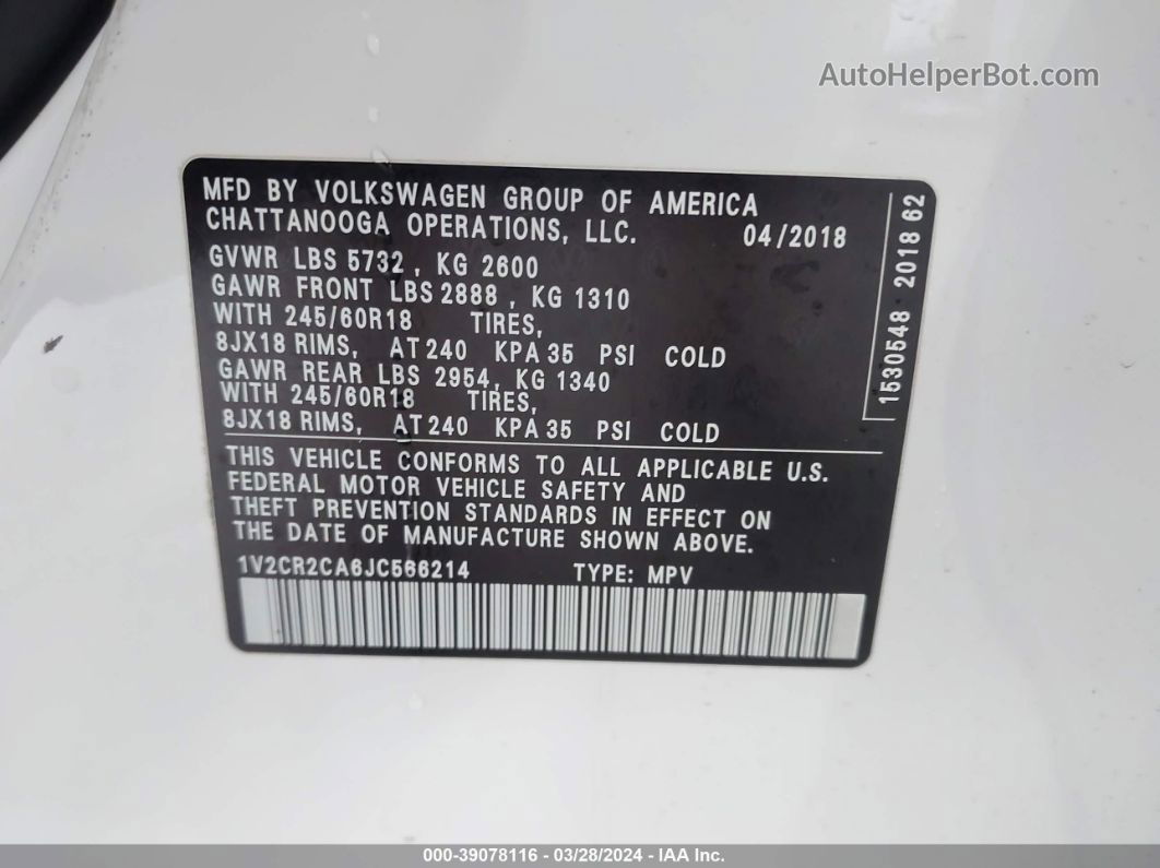 2018 Volkswagen Atlas 3.6l V6 Se White vin: 1V2CR2CA6JC566214