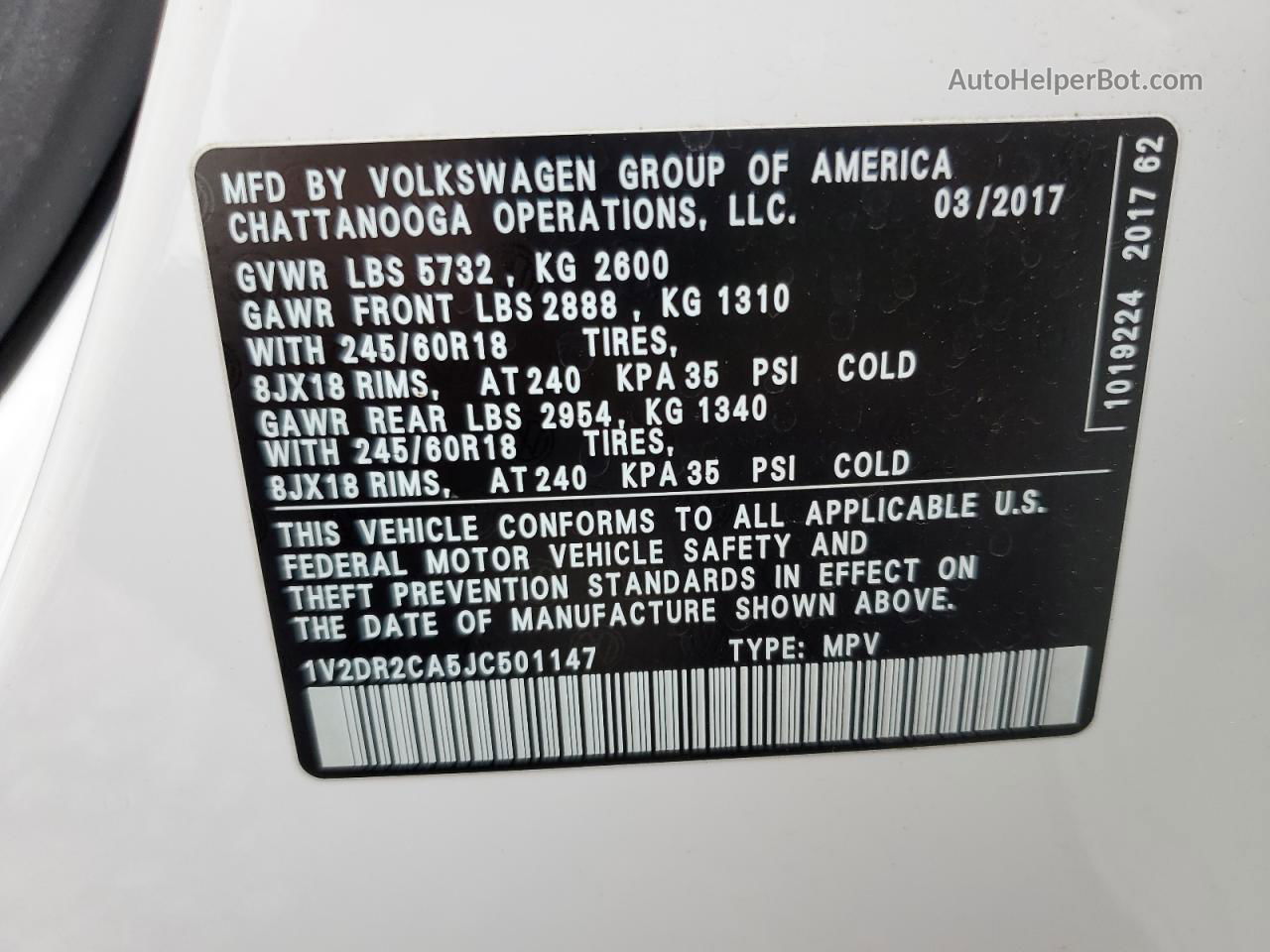 2018 Volkswagen Atlas Se White vin: 1V2DR2CA5JC501147