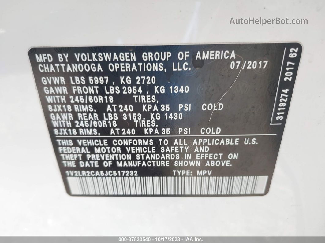 2018 Volkswagen Atlas 3.6l V6 Se/3.6l V6 Se W/technology White vin: 1V2LR2CA5JC517232