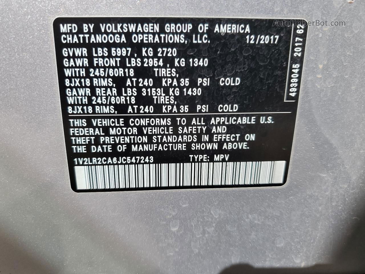 2018 Volkswagen Atlas Se Silver vin: 1V2LR2CA6JC547243