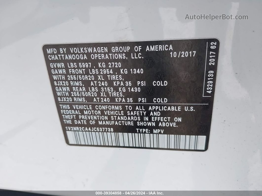 2018 Volkswagen Atlas 3.6l V6 Sel Premium Белый vin: 1V2NR2CA4JC537738