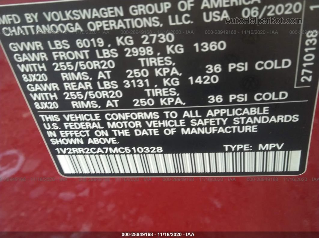 2021 Volkswagen Atlas 3.6l V6 Se W Красный vin: 1V2RR2CA7MC510328