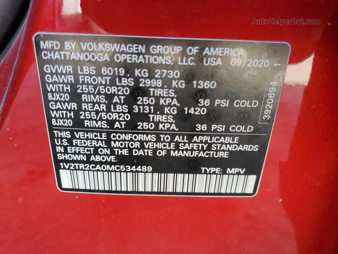 2021 Volkswagen Atlas Sel Premium Red vin: 1V2TR2CA0MC534489