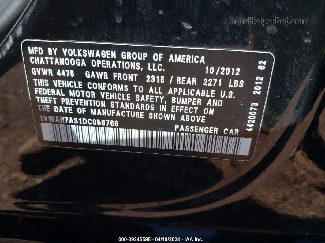 2013 Volkswagen Passat 2.5l S Black vin: 1VWAH7A31DC056769