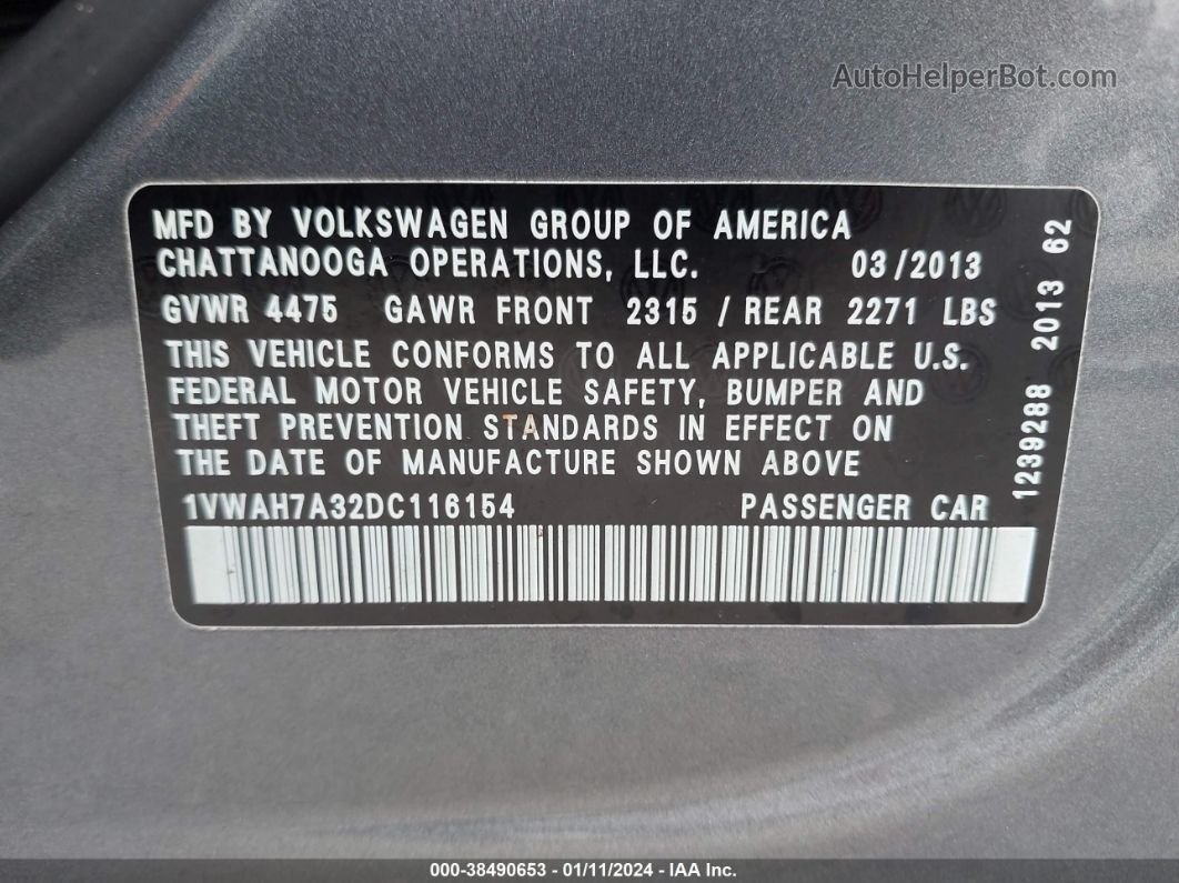 2013 Volkswagen Passat 2.5l S Gray vin: 1VWAH7A32DC116154
