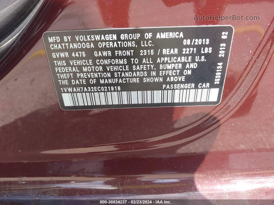 2014 Volkswagen Passat 2.5l S Темно-бордовый vin: 1VWAH7A32EC021918