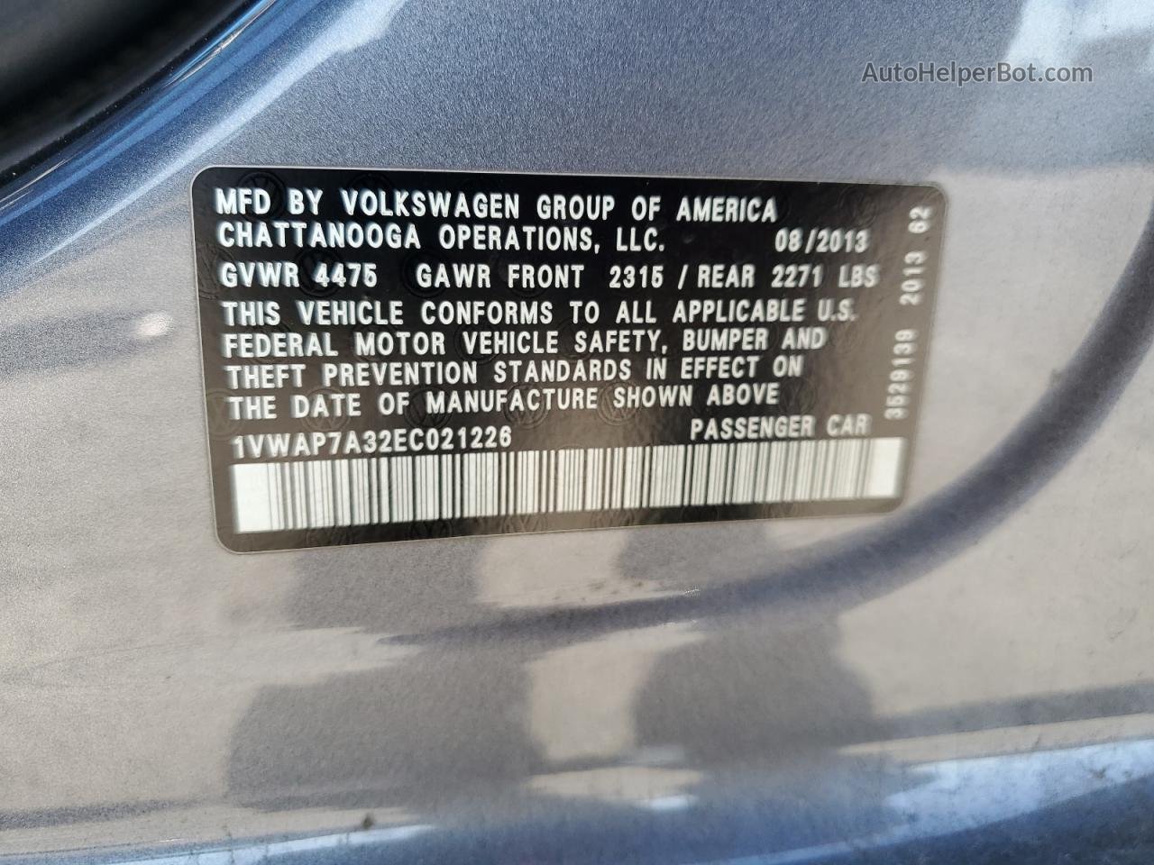 2014 Volkswagen Passat S Угольный vin: 1VWAP7A32EC021226