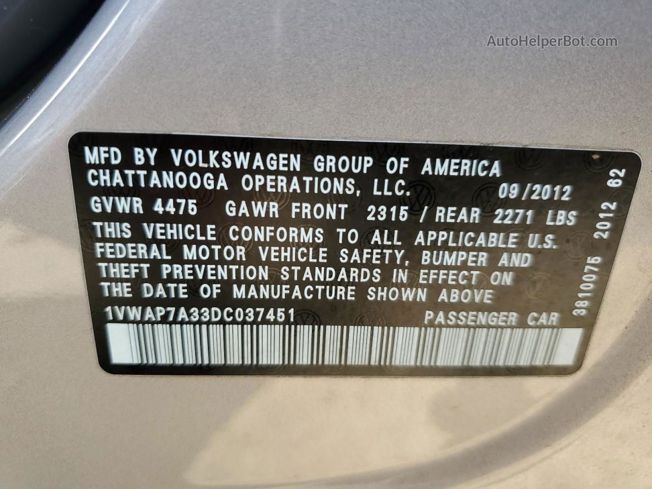 2013 Volkswagen Passat S Gray vin: 1VWAP7A33DC037451