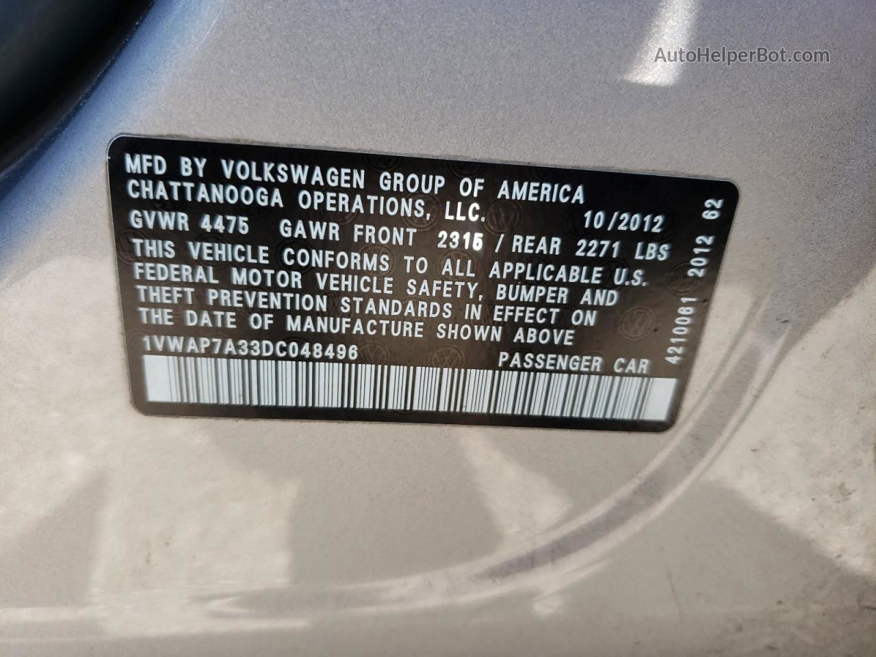 2013 Volkswagen Passat S Серебряный vin: 1VWAP7A33DC048496