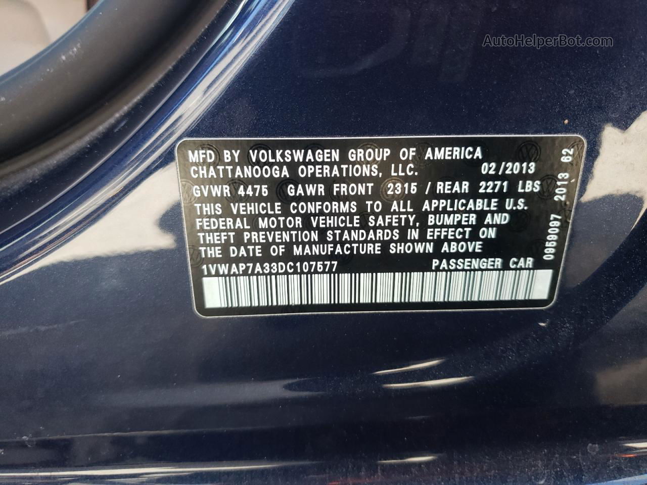 2013 Volkswagen Passat S Blue vin: 1VWAP7A33DC107577