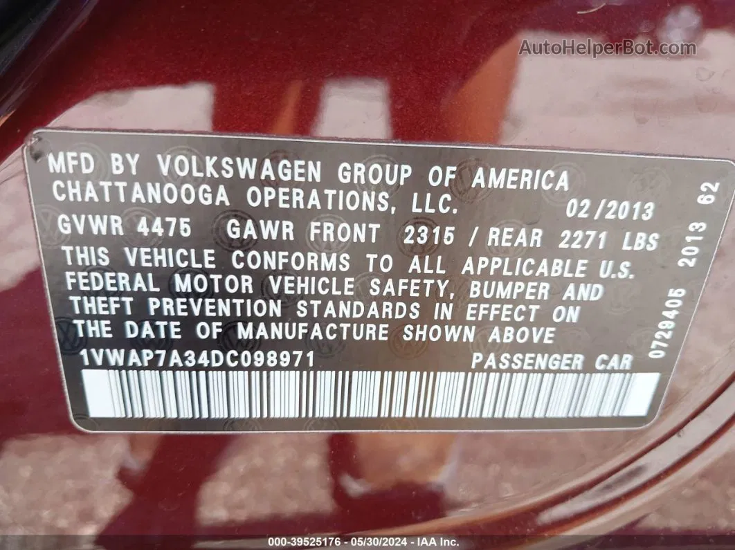 2013 Volkswagen Passat 2.5l S Burgundy vin: 1VWAP7A34DC098971