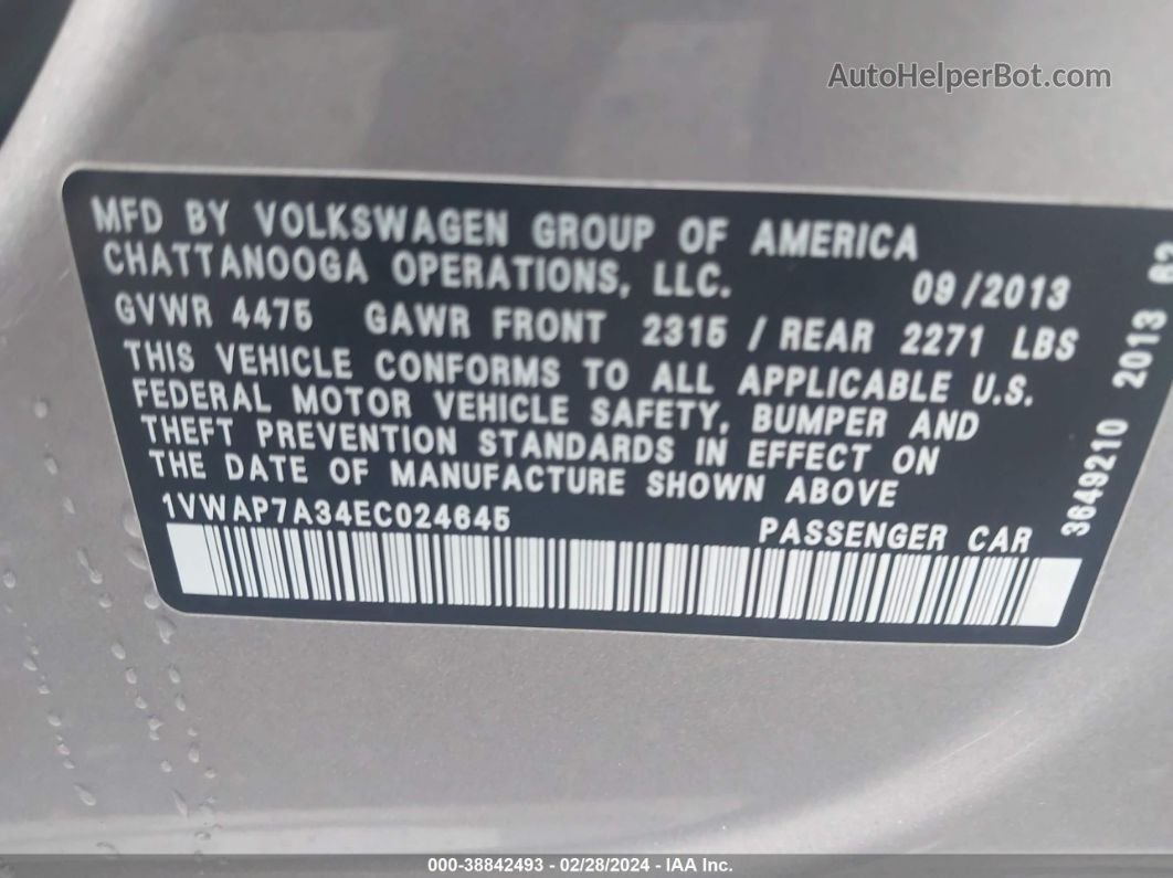 2014 Volkswagen Passat 2.5l S Silver vin: 1VWAP7A34EC024645