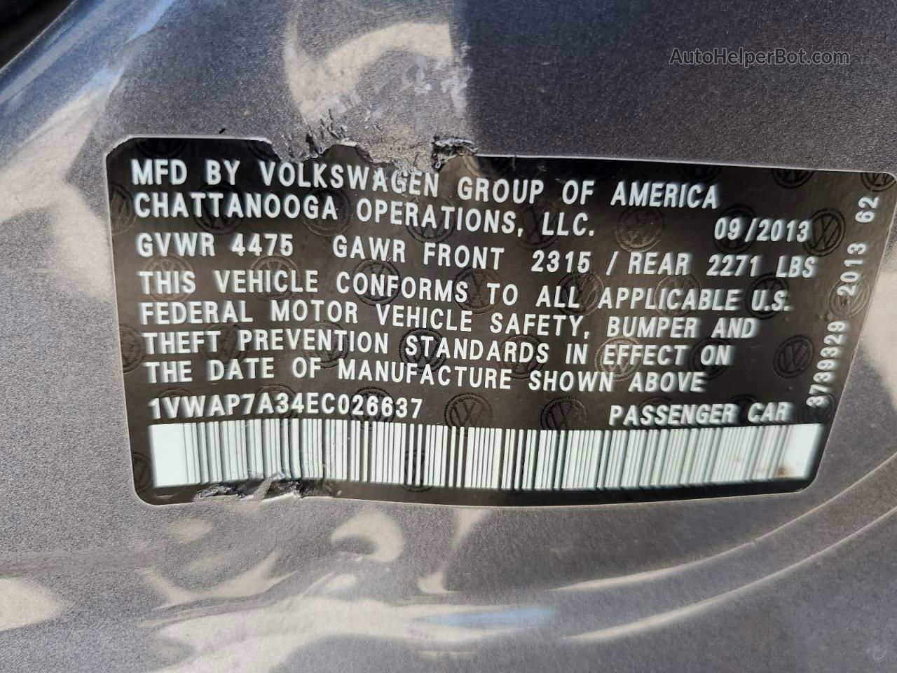 2014 Volkswagen Passat S Gray vin: 1VWAP7A34EC026637