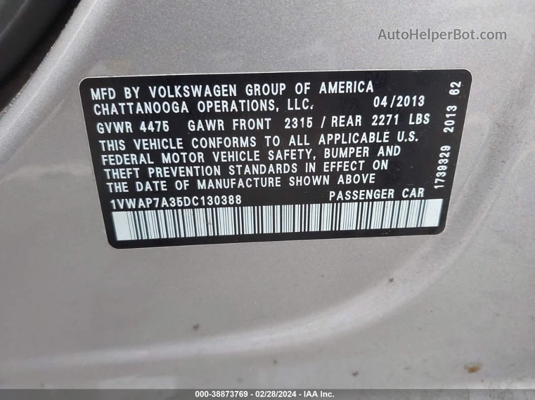 2013 Volkswagen Passat 2.5l S Серебряный vin: 1VWAP7A35DC130388