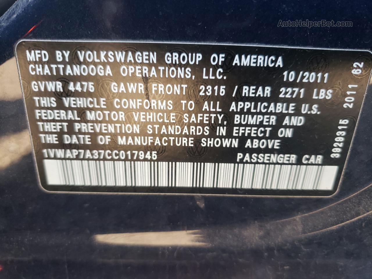 2012 Volkswagen Passat S Blue vin: 1VWAP7A37CC017945