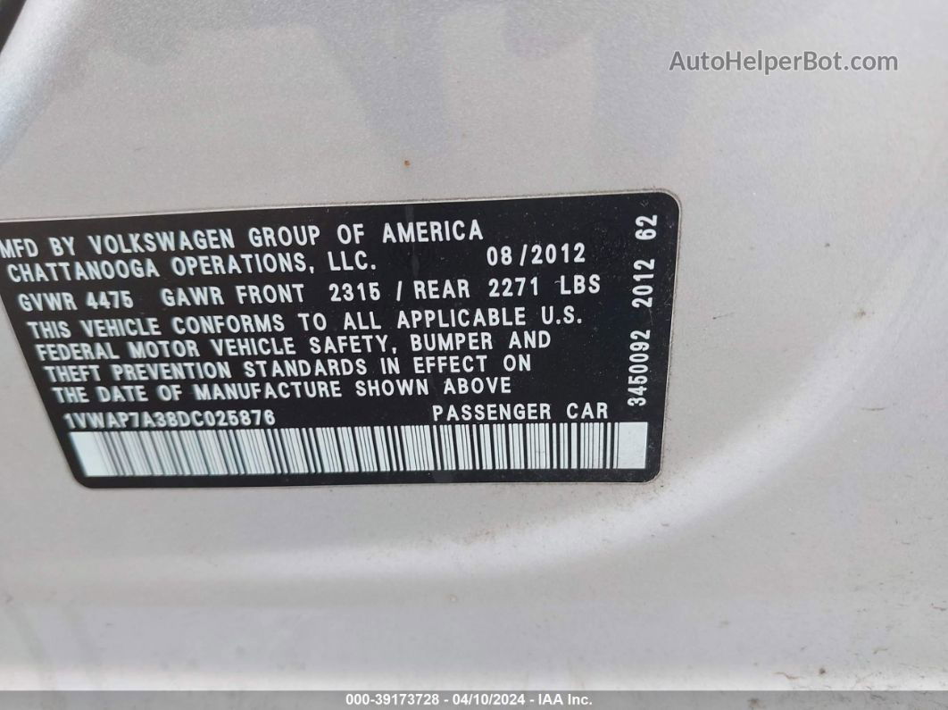 2013 Volkswagen Passat 2.5l S Серебряный vin: 1VWAP7A38DC025876