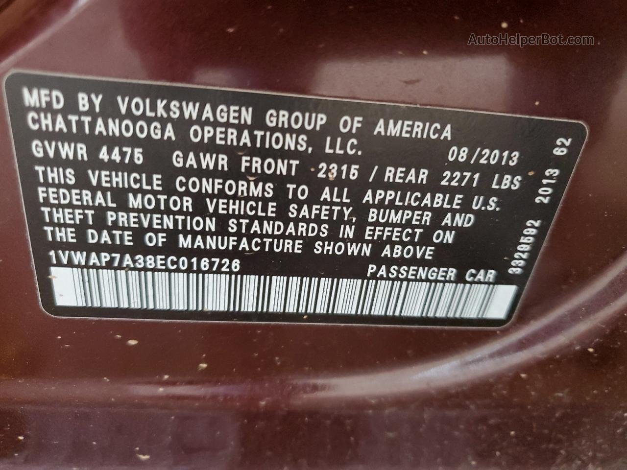 2014 Volkswagen Passat S Burgundy vin: 1VWAP7A38EC016726