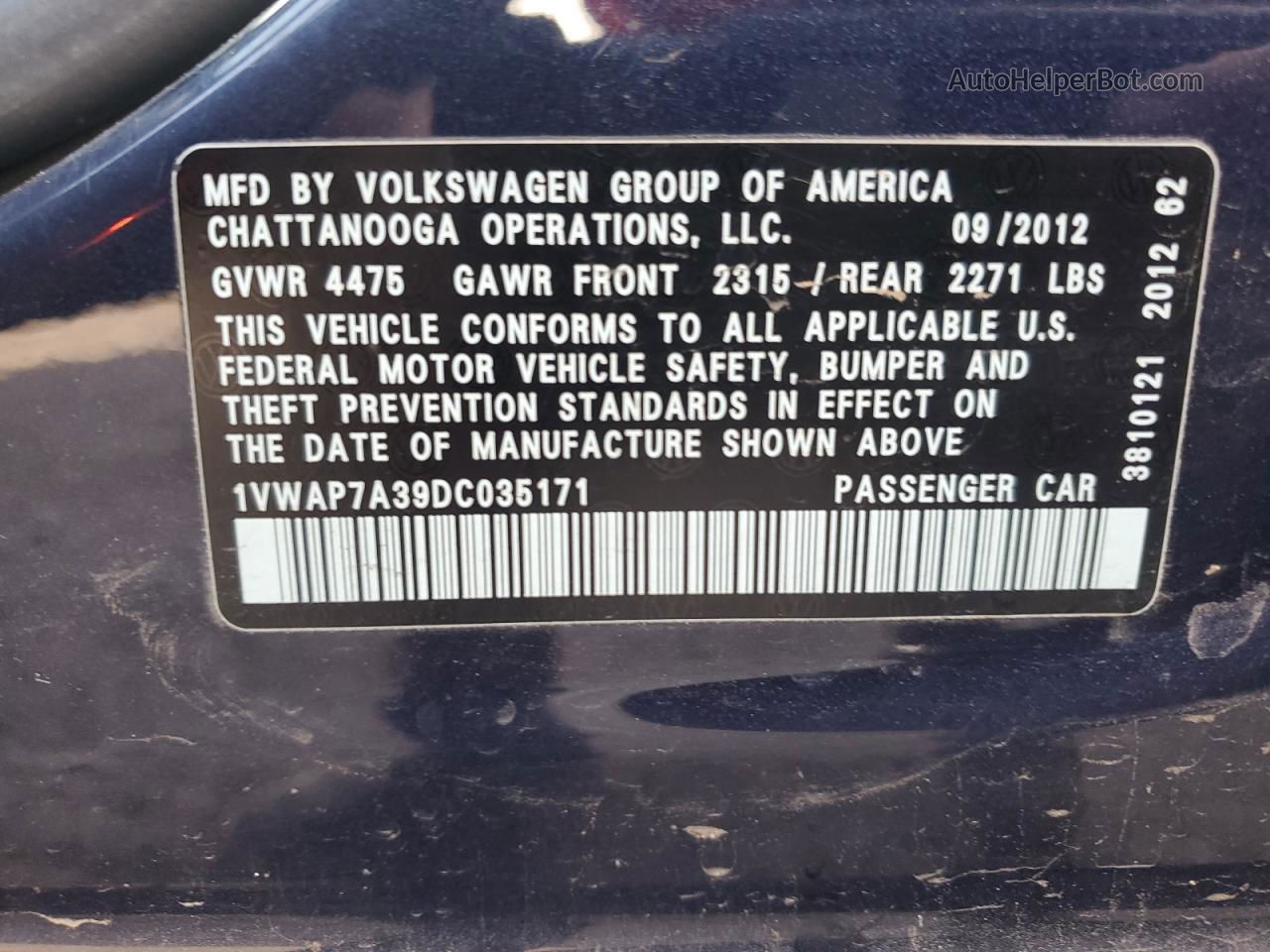 2013 Volkswagen Passat S Blue vin: 1VWAP7A39DC035171