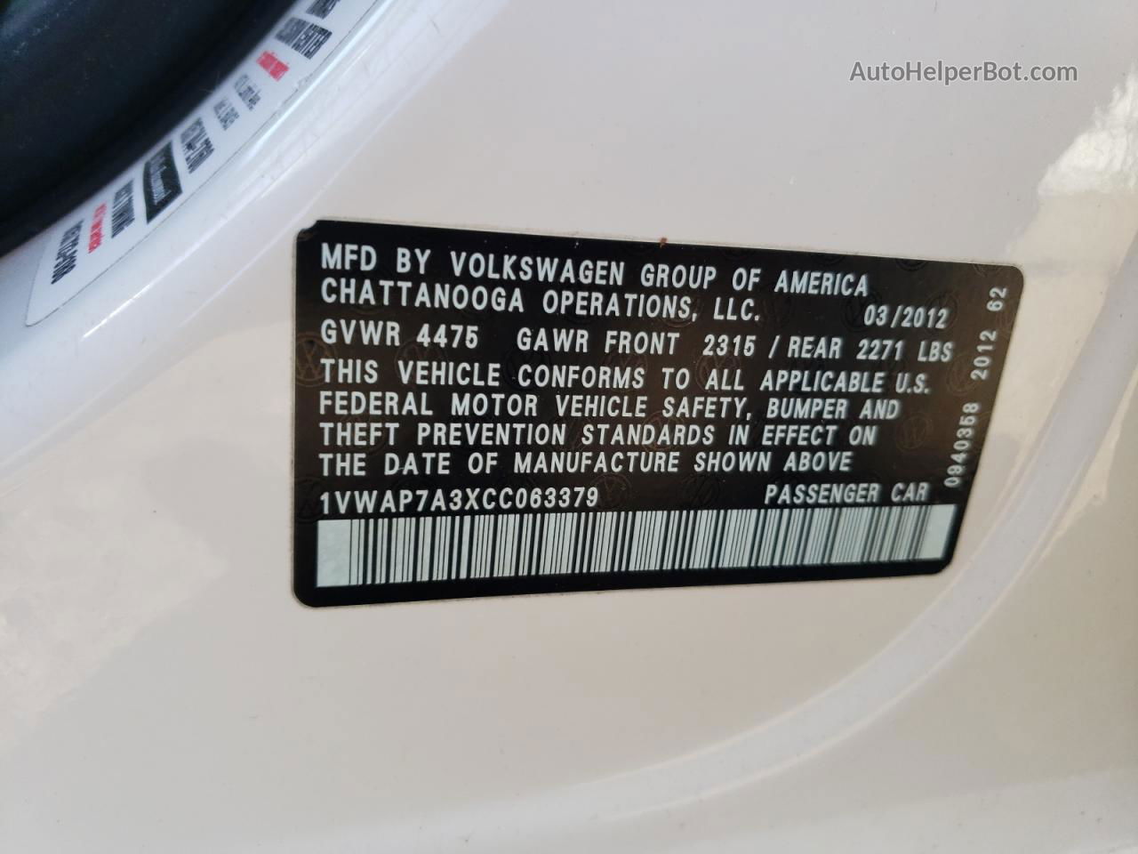 2012 Volkswagen Passat S White vin: 1VWAP7A3XCC063379