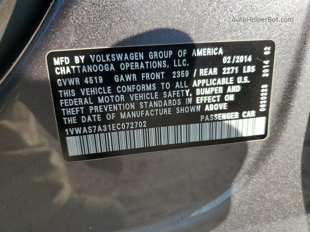 2014 Volkswagen Passat S Gray vin: 1VWAS7A31EC072702