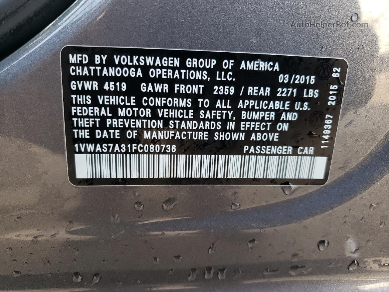 2015 Volkswagen Passat S Gray vin: 1VWAS7A31FC080736