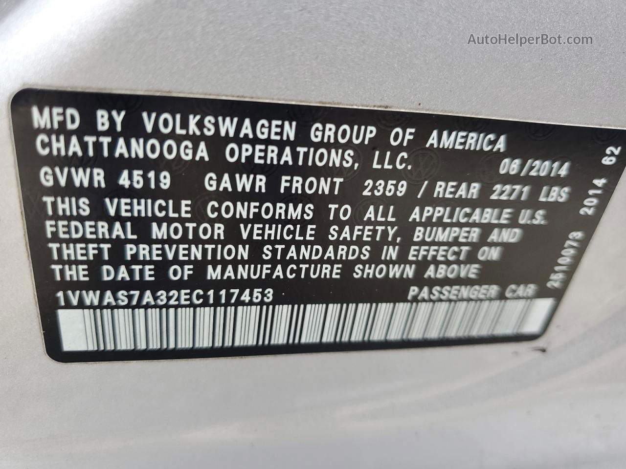 2014 Volkswagen Passat S Silver vin: 1VWAS7A32EC117453