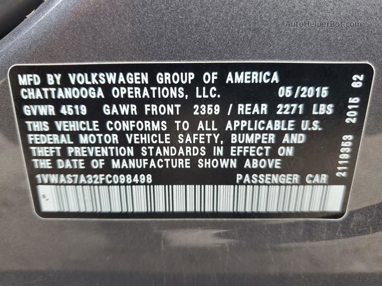 2015 Volkswagen Passat S Gray vin: 1VWAS7A32FC098498