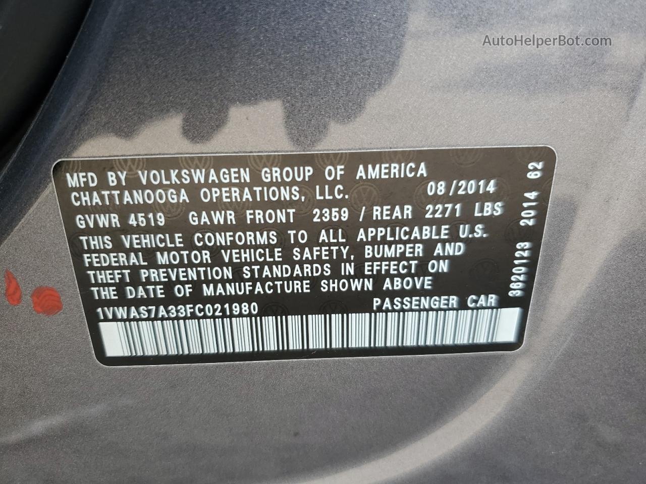 2015 Volkswagen Passat S Gray vin: 1VWAS7A33FC021980