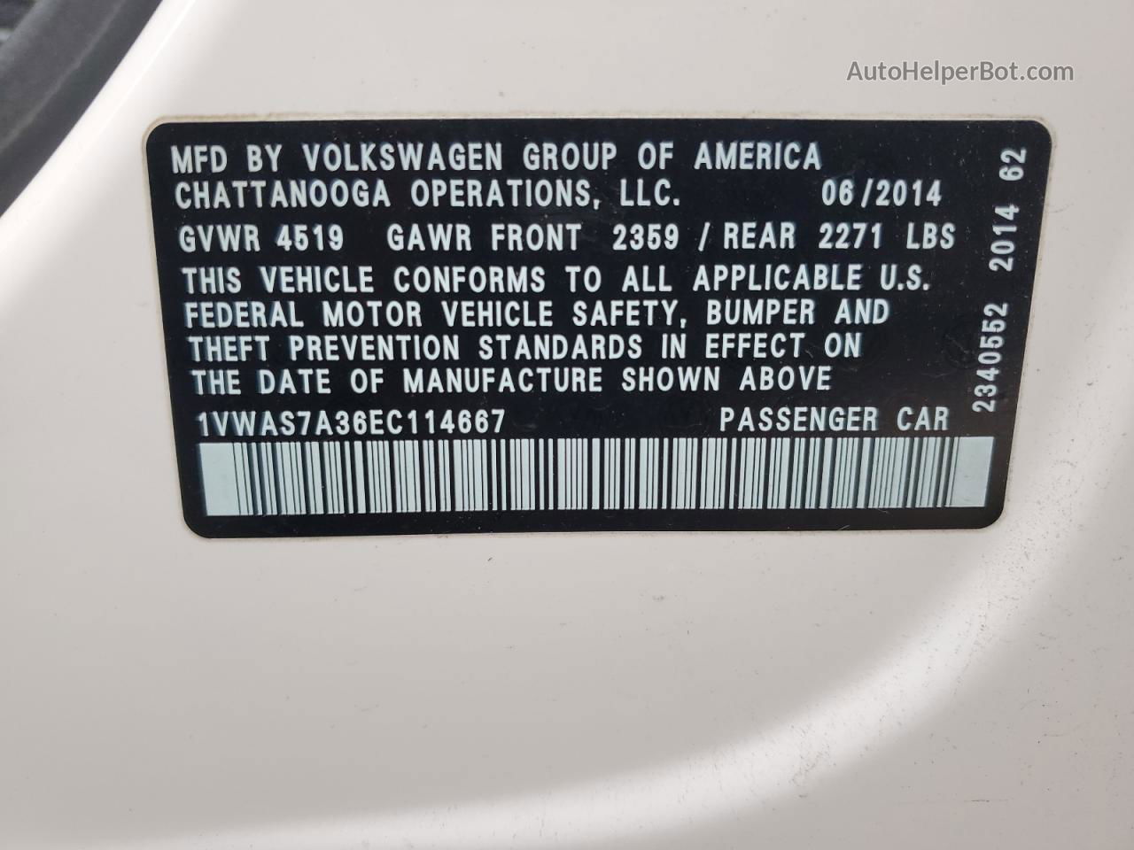 2014 Volkswagen Passat S White vin: 1VWAS7A36EC114667