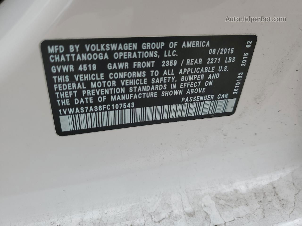 2015 Volkswagen Passat S White vin: 1VWAS7A36FC107543