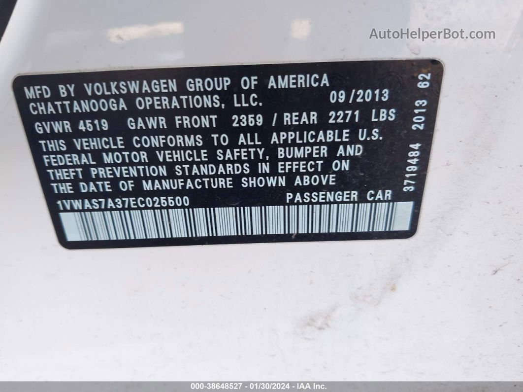 2014 Volkswagen Passat 1.8t Wolfsburg Edition White vin: 1VWAS7A37EC025500