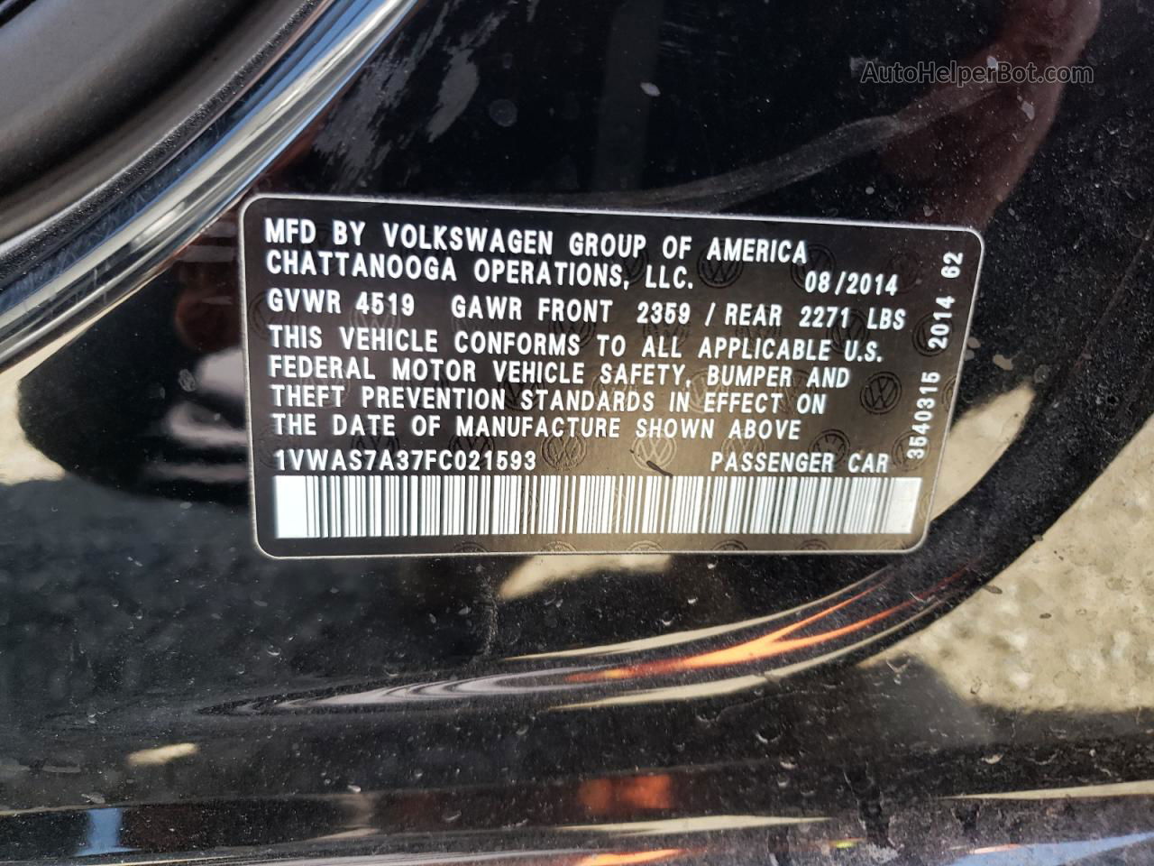 2015 Volkswagen Passat S Черный vin: 1VWAS7A37FC021593