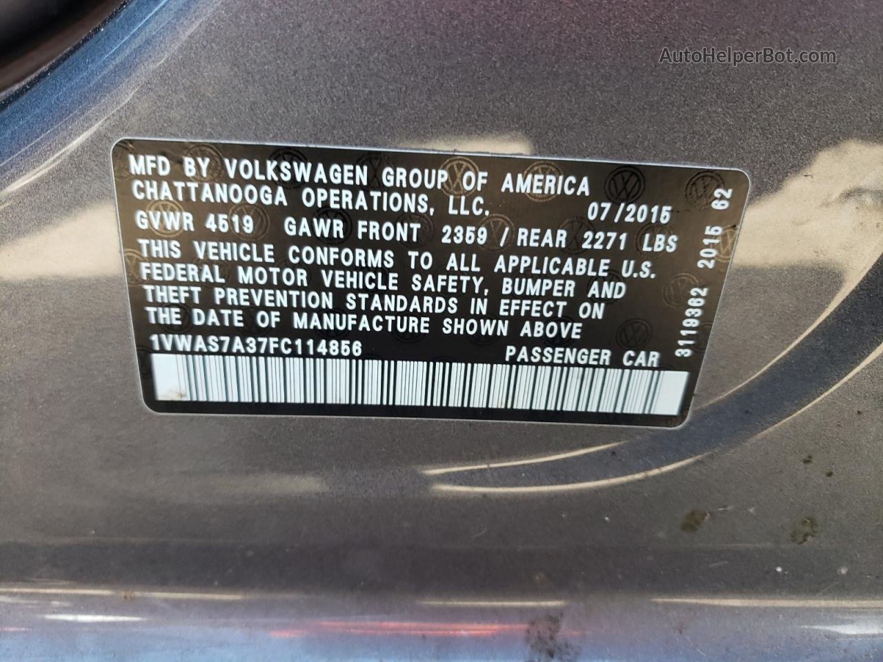 2015 Volkswagen Passat S Gray vin: 1VWAS7A37FC114856