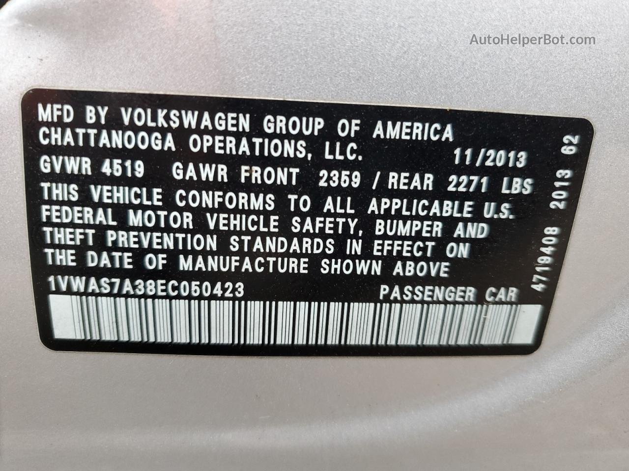 2014 Volkswagen Passat S Silver vin: 1VWAS7A38EC050423
