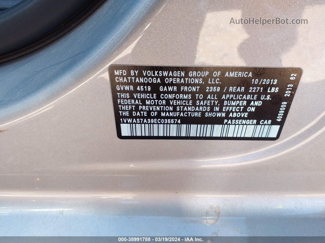 2014 Volkswagen Passat 1.8t S Silver vin: 1VWAS7A39EC035574