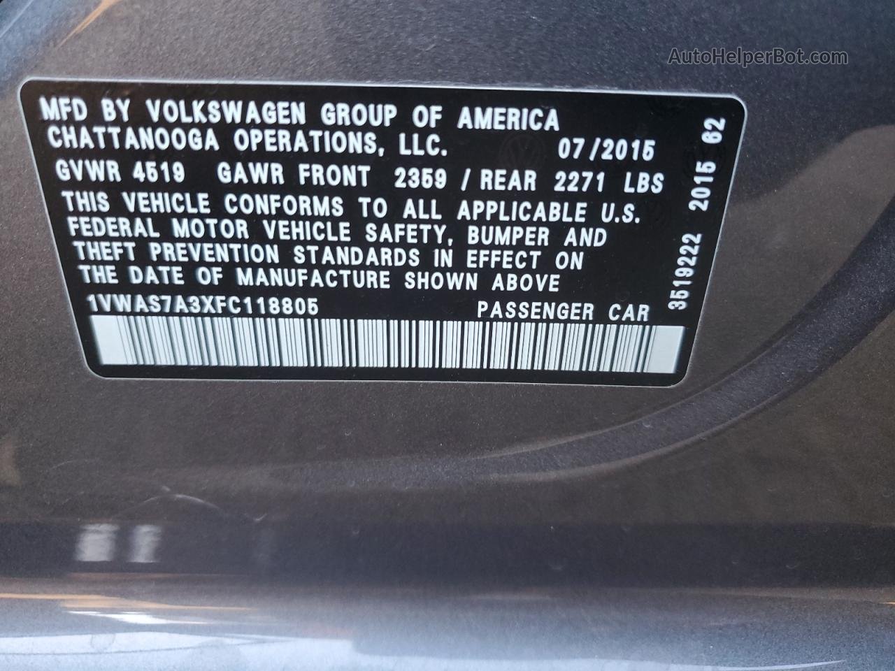 2015 Volkswagen Passat S Gray vin: 1VWAS7A3XFC118805