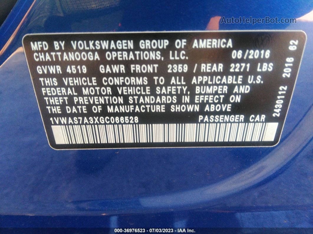 2016 Volkswagen Passat 1.8t R-line W/comfort Pkg Синий vin: 1VWAS7A3XGC066528