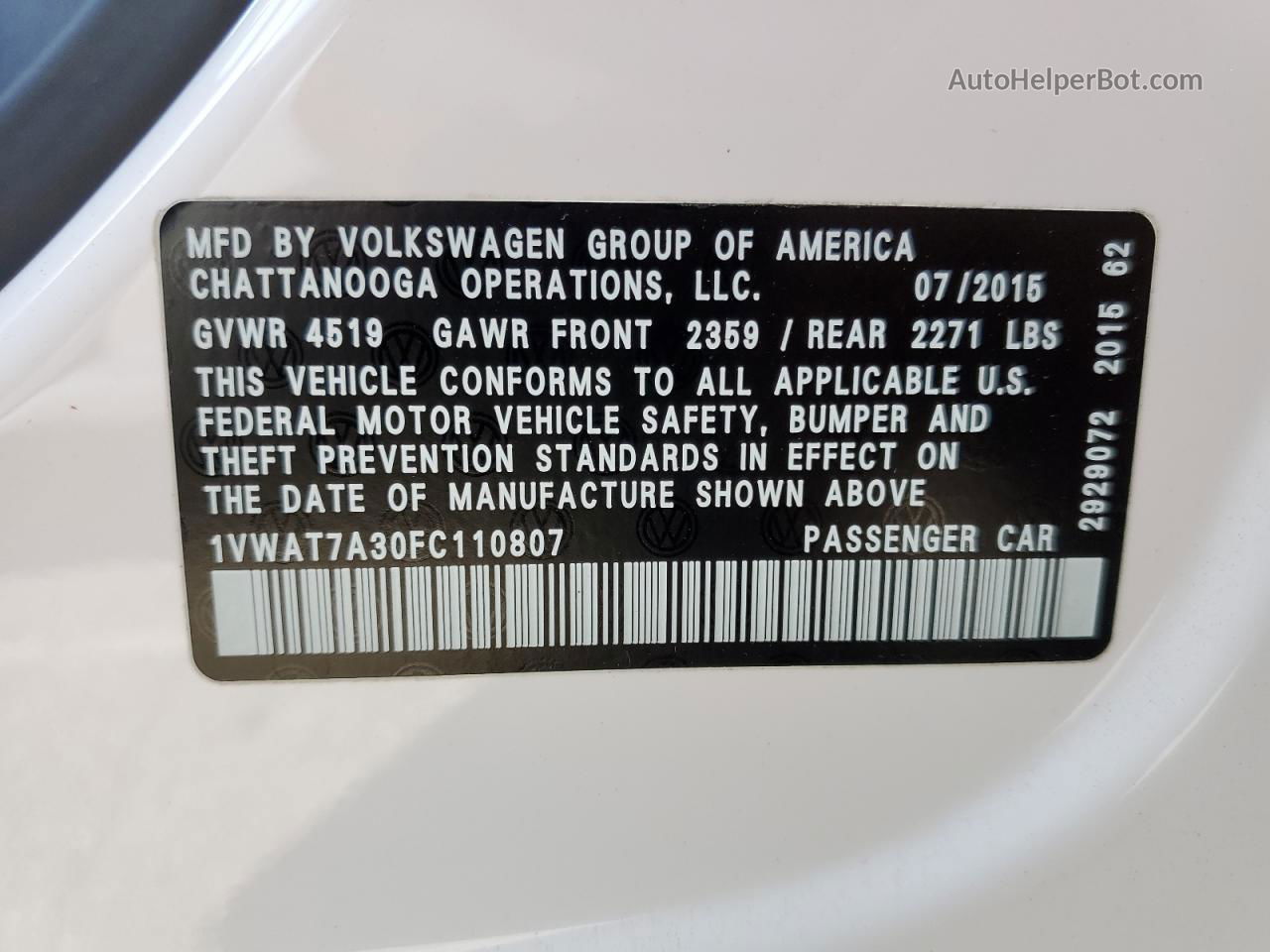 2015 Volkswagen Passat S Белый vin: 1VWAT7A30FC110807