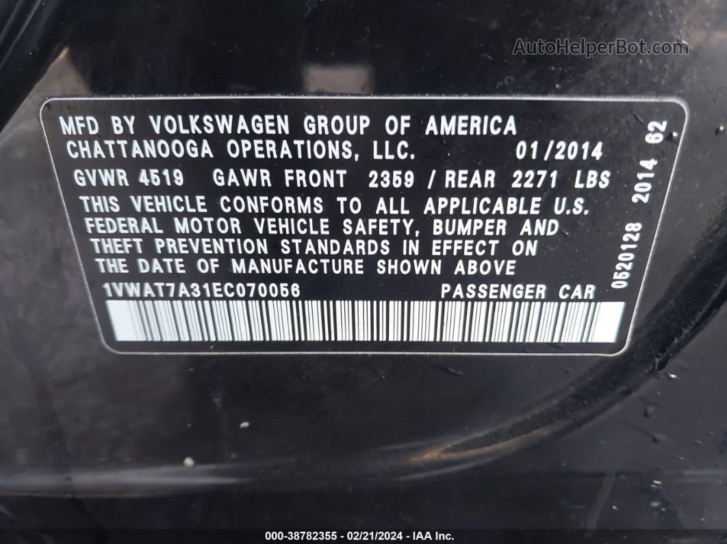2014 Volkswagen Passat 1.8t Wolfsburg Edition Black vin: 1VWAT7A31EC070056