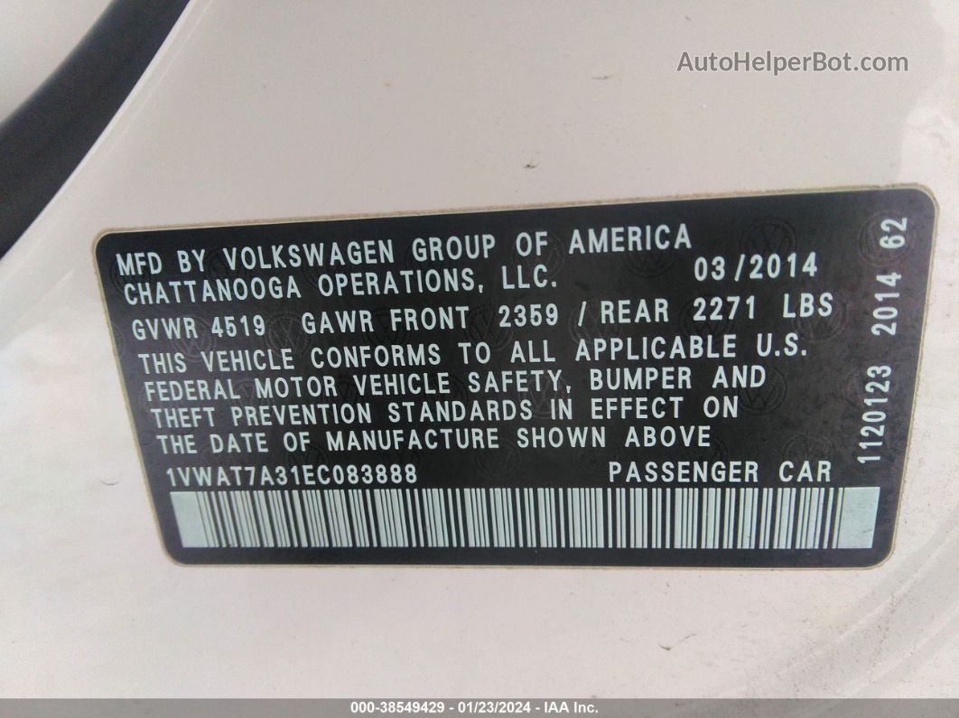 2014 Volkswagen Passat 1.8t Wolfsburg Edition Белый vin: 1VWAT7A31EC083888