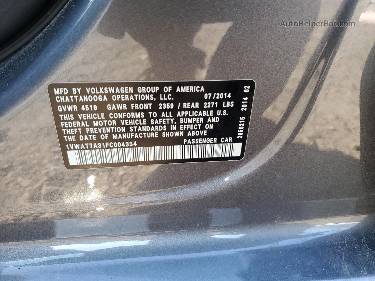 2015 Volkswagen Passat S Gray vin: 1VWAT7A31FC004334