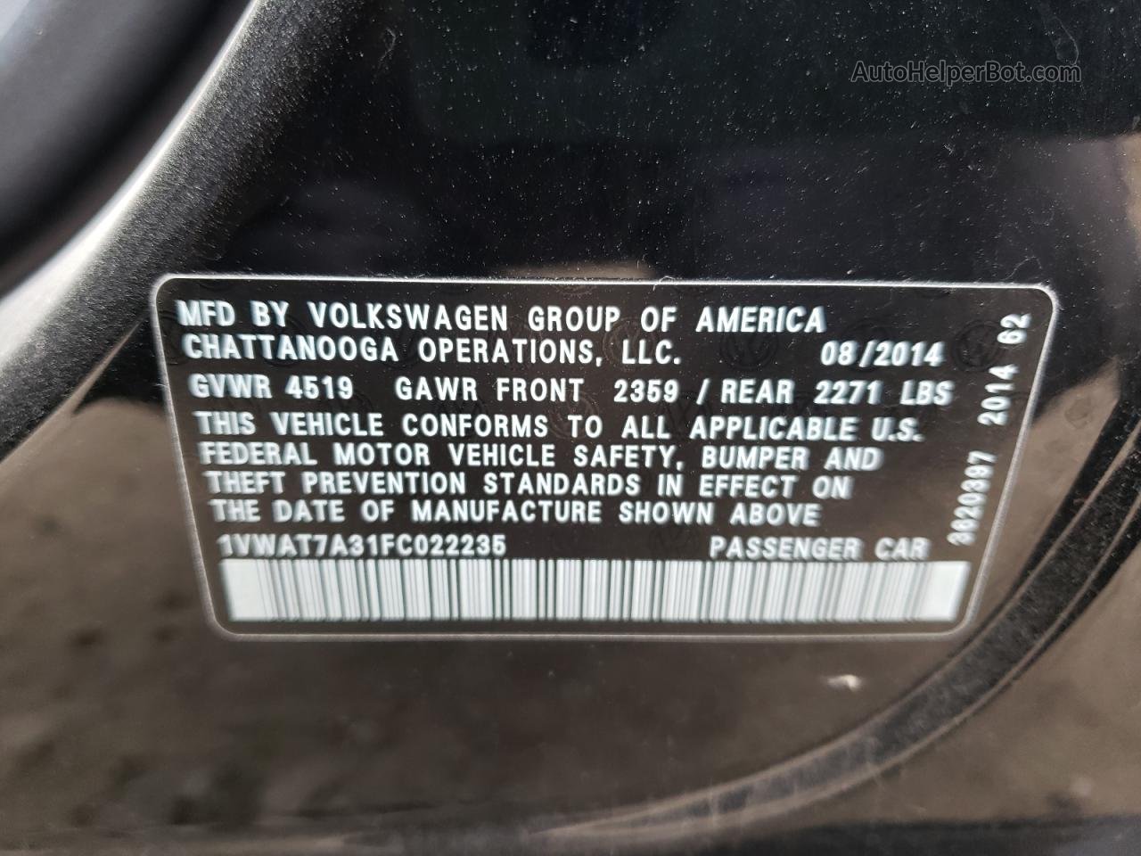 2015 Volkswagen Passat S Black vin: 1VWAT7A31FC022235